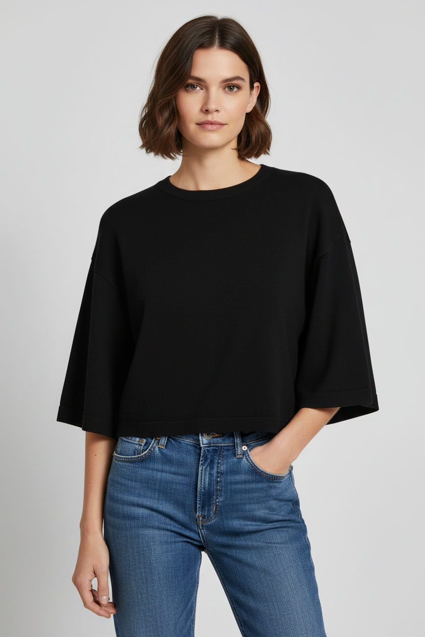 Black wide-sleeve boxy knit with denim