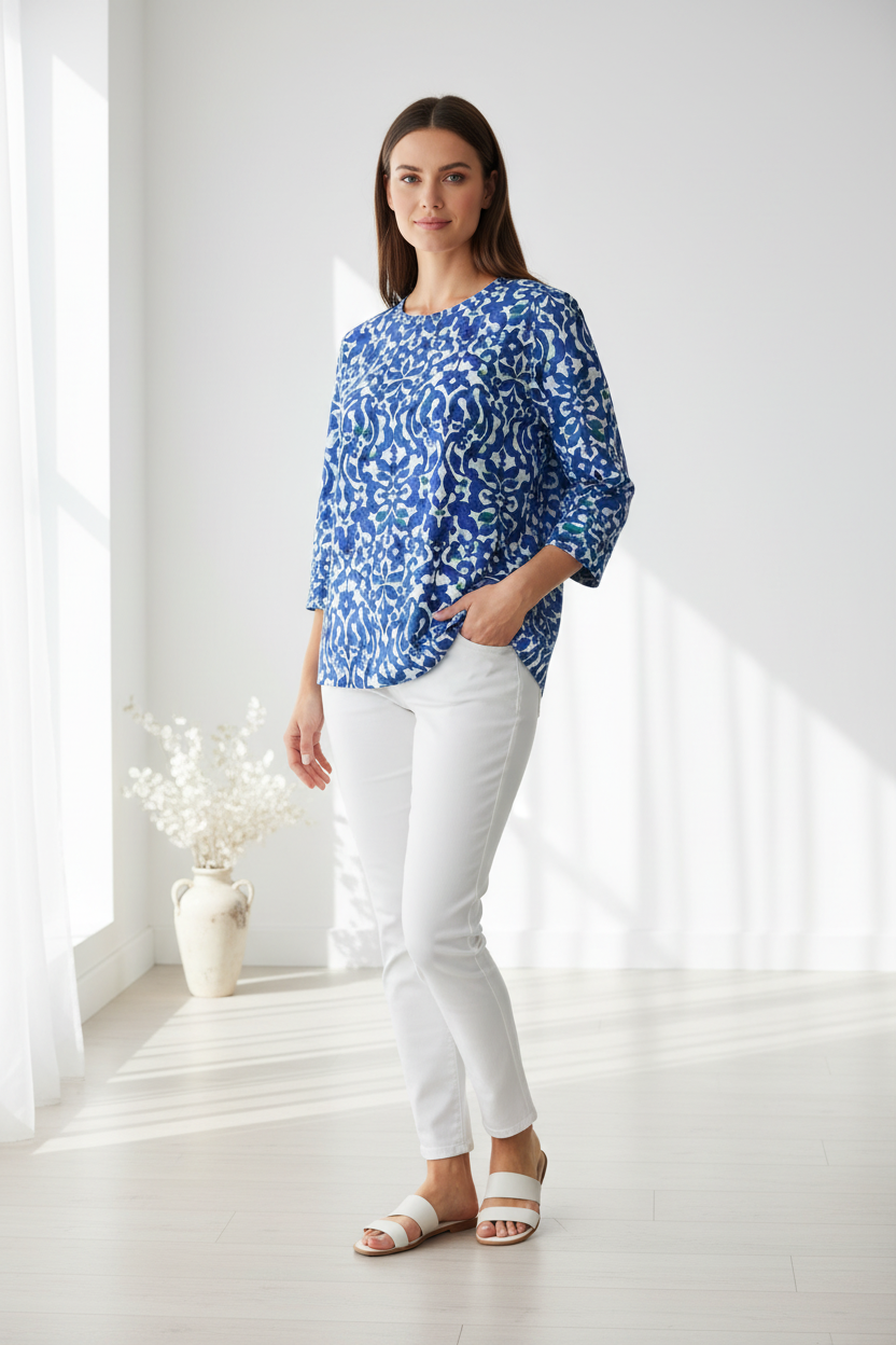 Blue and White Print Top on Model