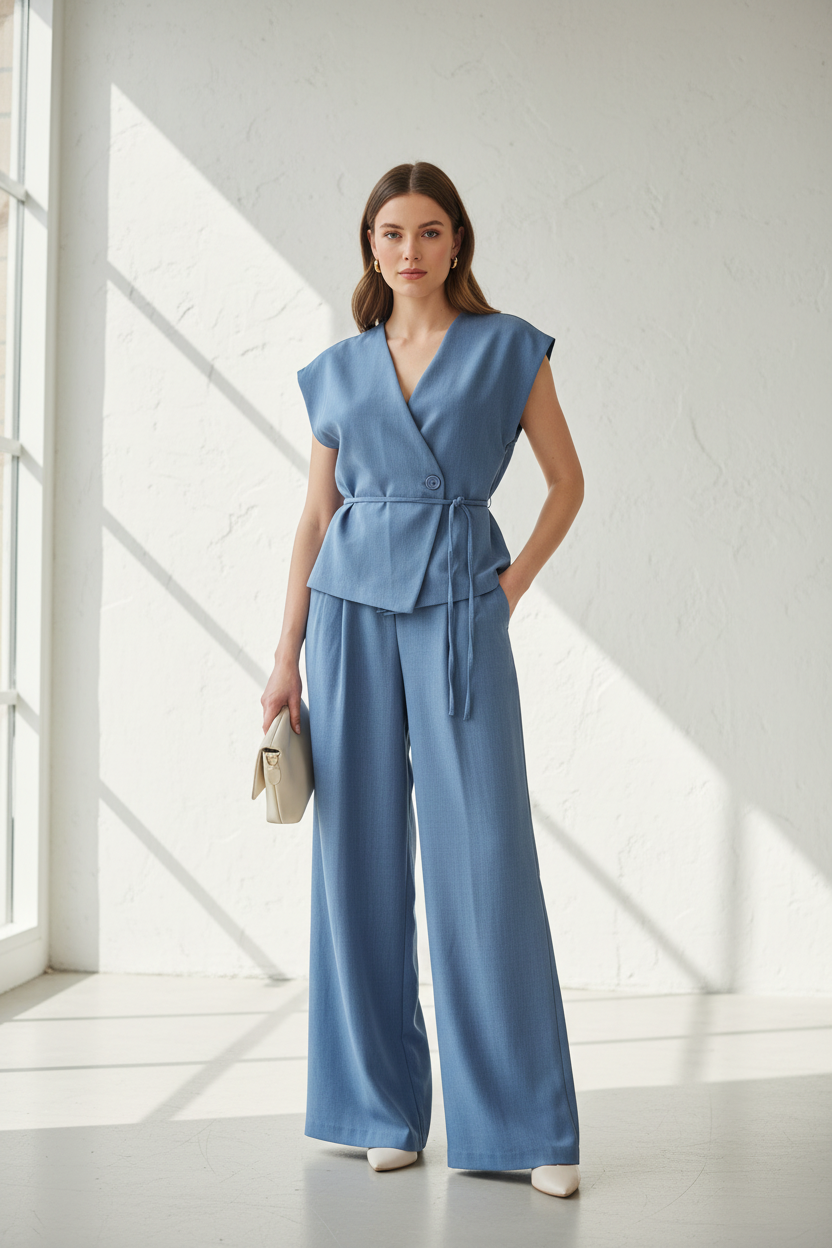 Blue Linen Waistcoat Suit Model