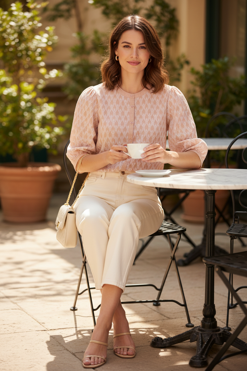 Blush Pink Blouse with Cream Jeans