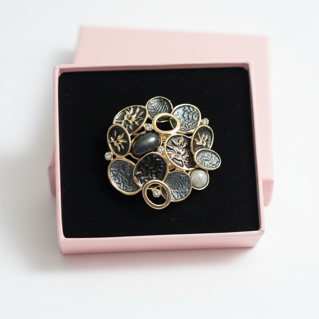 Brooch in pink gift box without lid