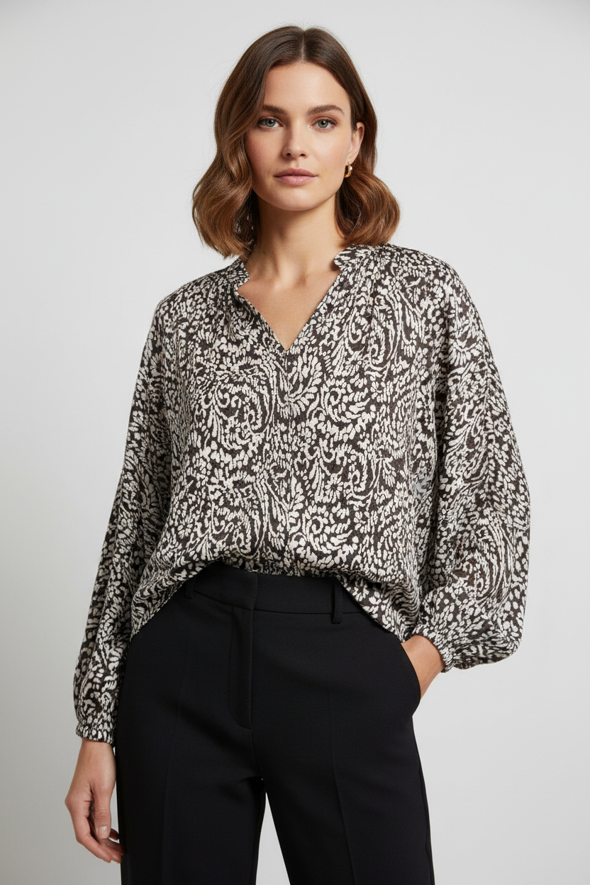Brown cream swirl print blouse model