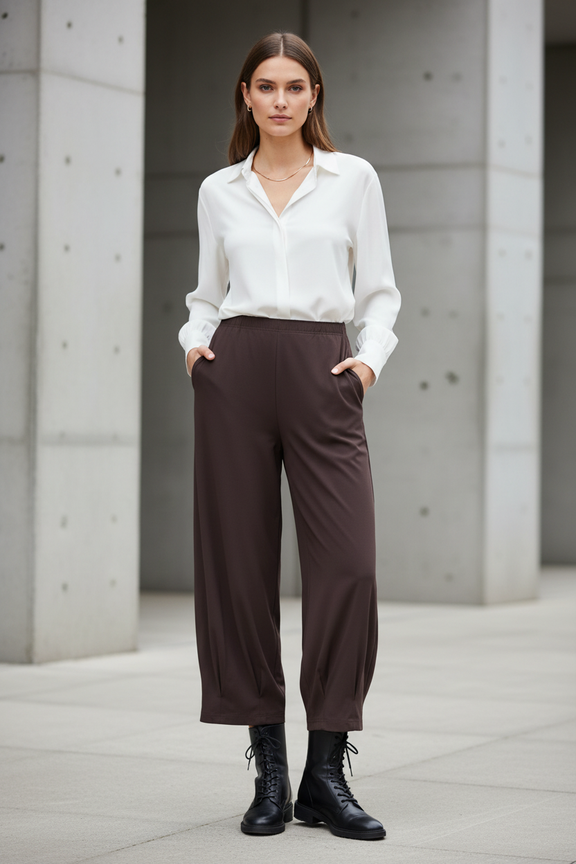 Brown Noen trousers styled with feminine military boots