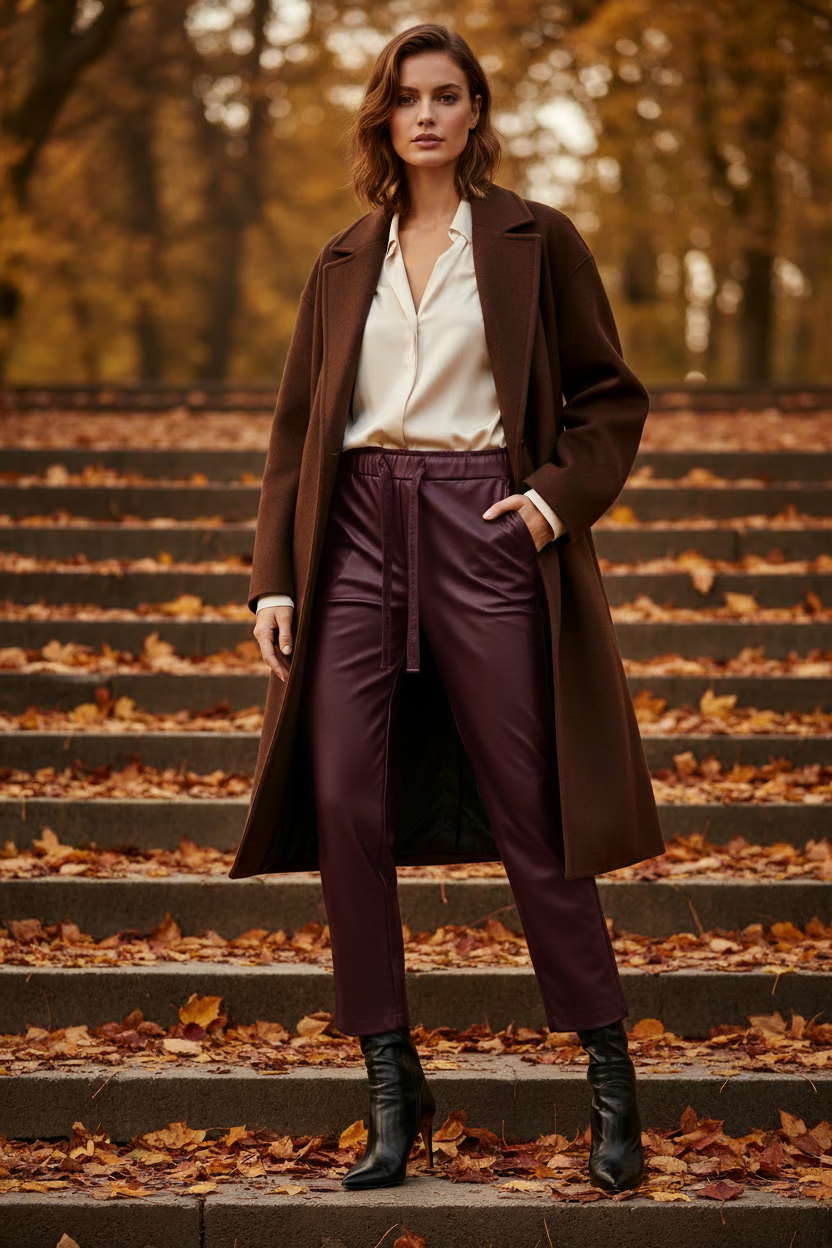 Burgundy faux leather trousers autumn editorial
