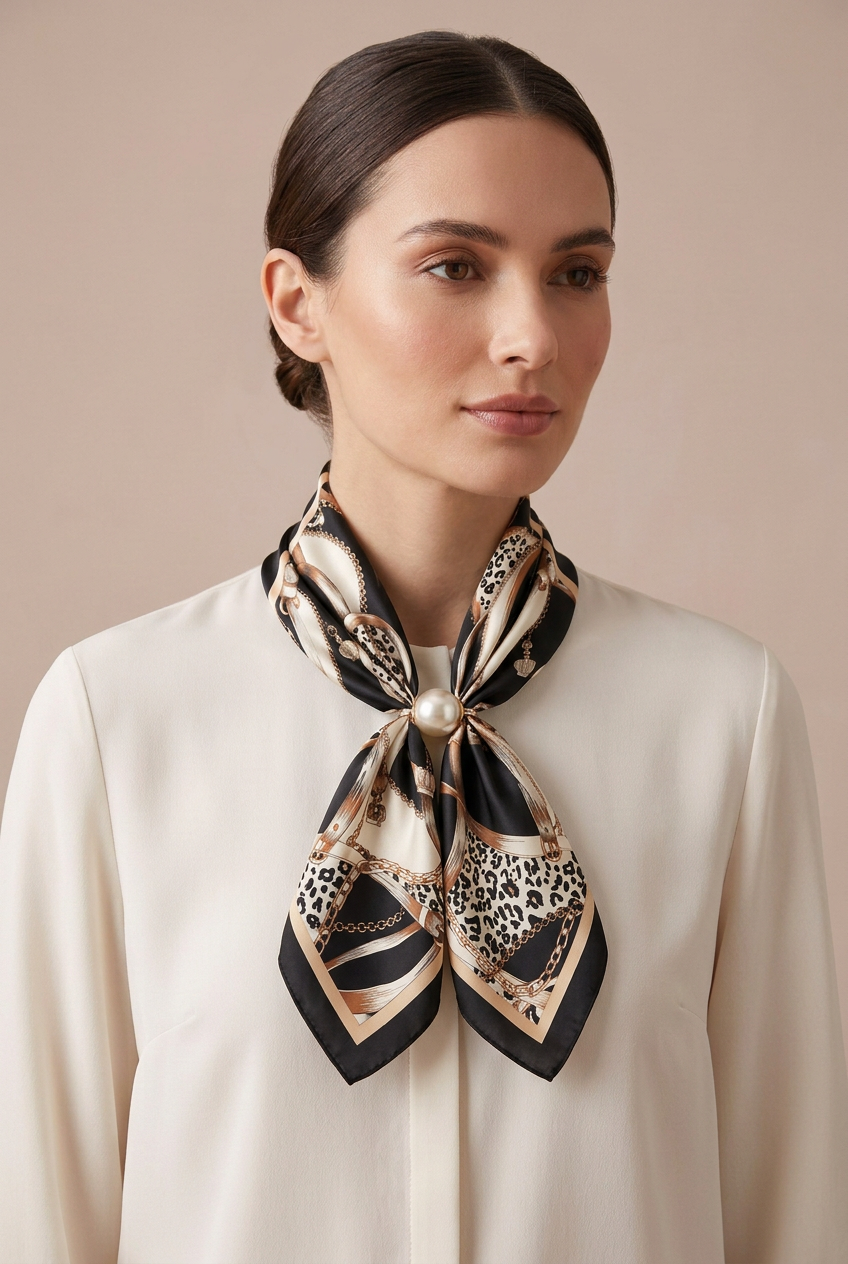 Silk Blend Scarf with Adjustable Pearl Clasp – Black &amp; Gold Chain Print