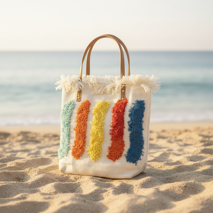 Colourful Fringe Tote Bag Subtle Beach Background