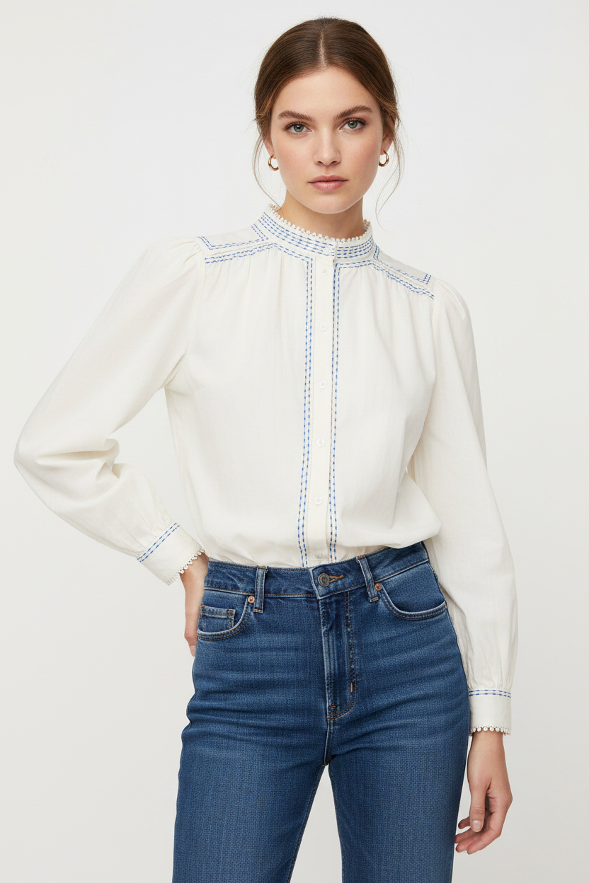 Cream blouse with blue jeans model shot