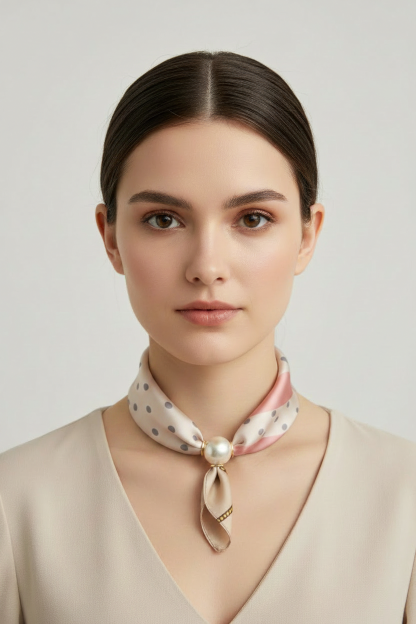 Cream Floral Pink Border Pearl Clasp Scarf Model