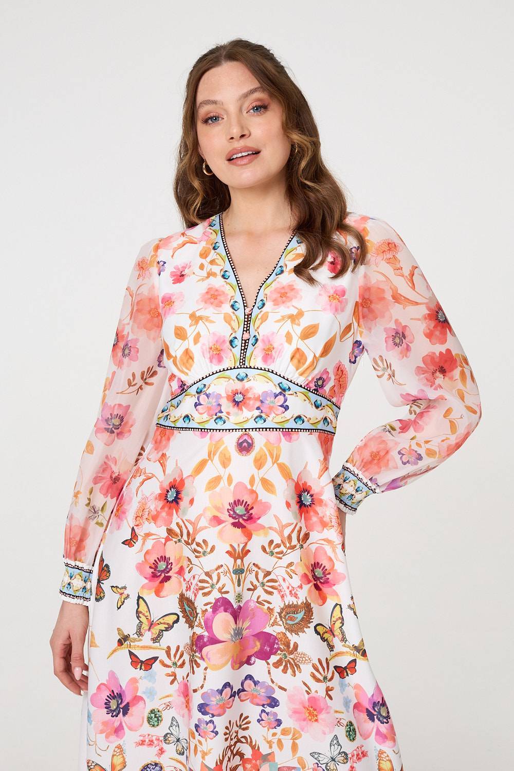 Stella Border print maxi dress with long sleeve and v neckline