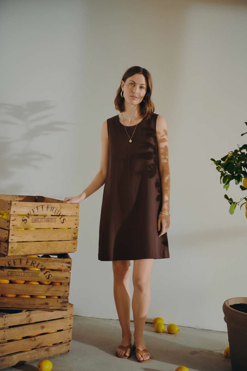 Dark Brown Linen Dress - Front