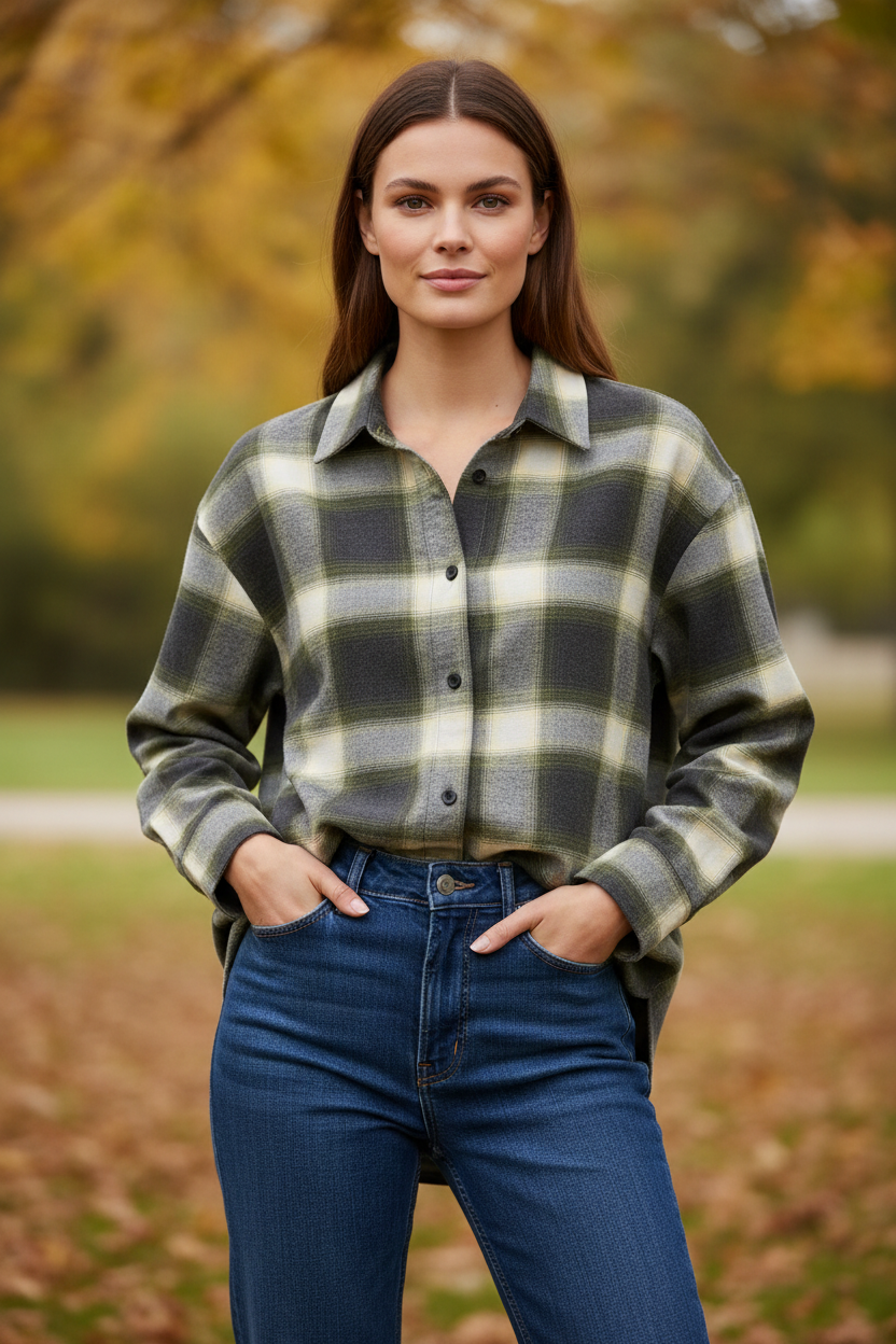 Dark grey check blouse outdoor model
