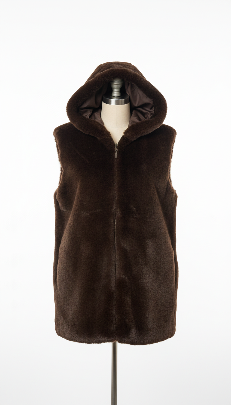 Deep roast brown hooded faux fur gilet