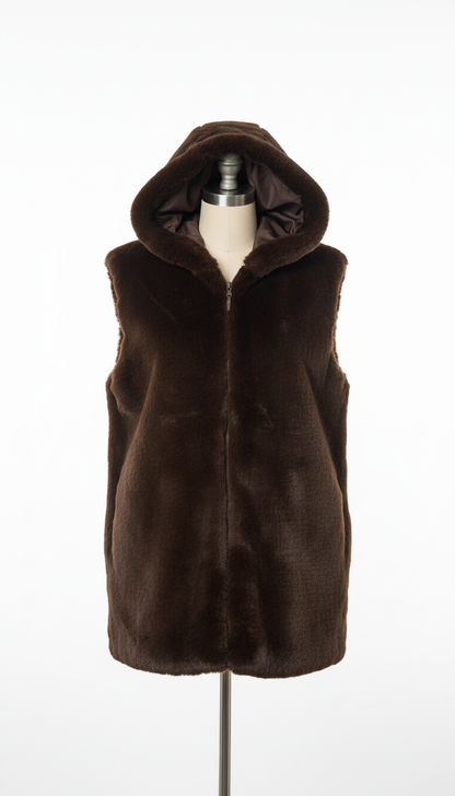 Deep roast brown hooded faux fur gilet