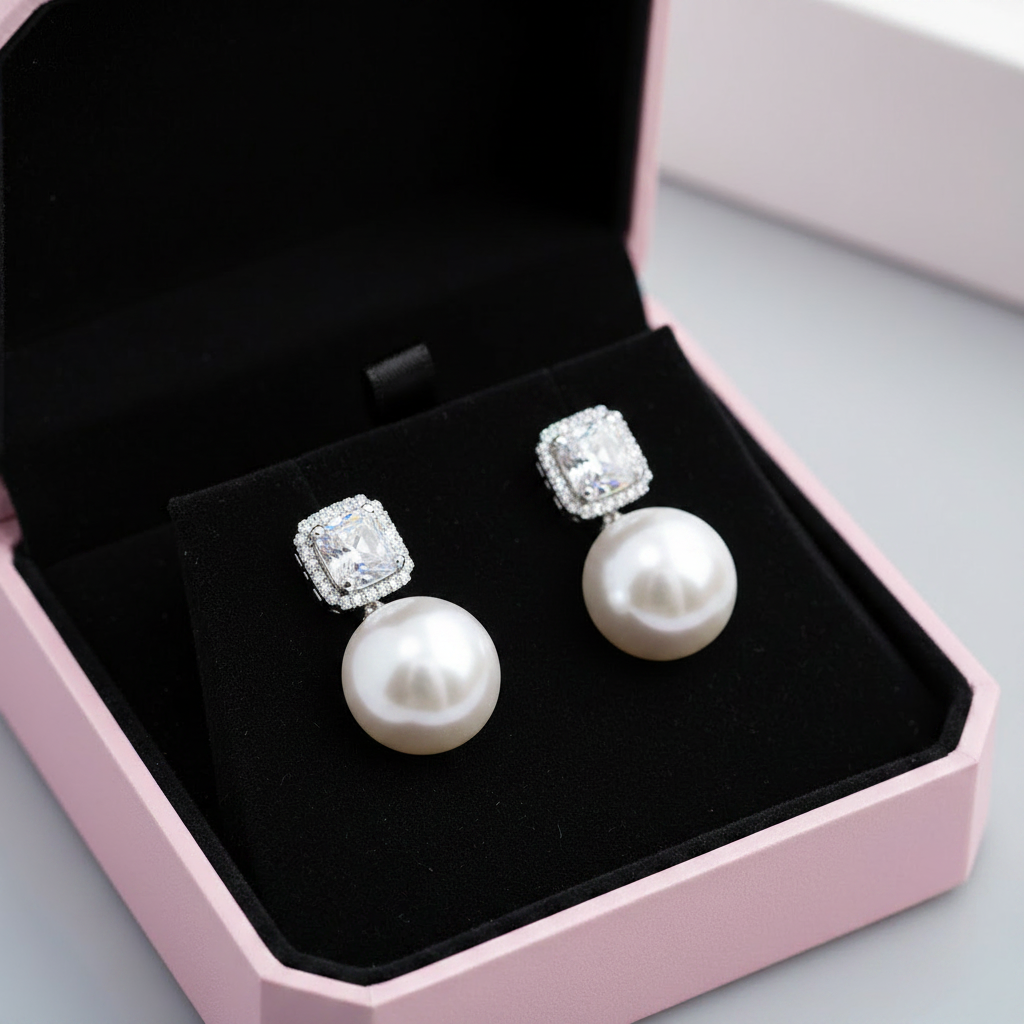 Clip-On Earring with Diamante Square &amp; Pearl Drop