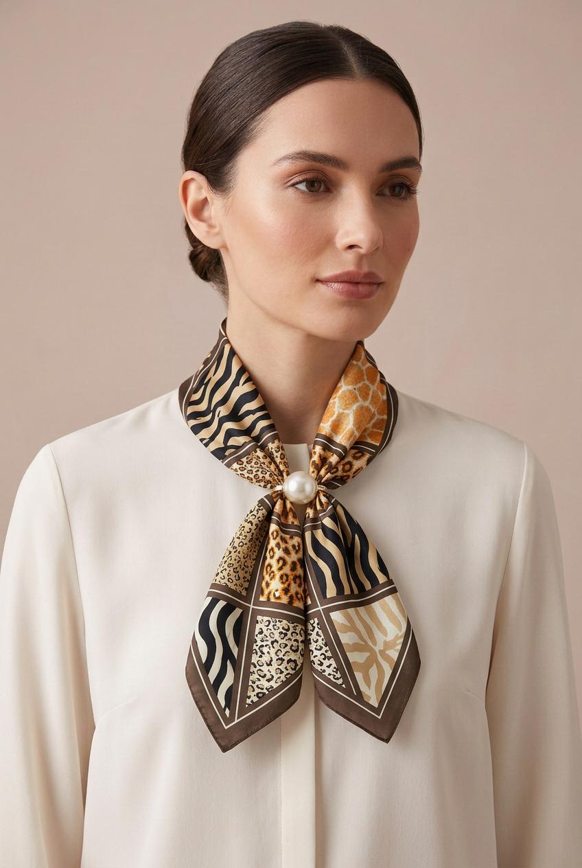 Silk Blend Scarf with Adjustable Pearl Clasp – Patchwork Animal Print