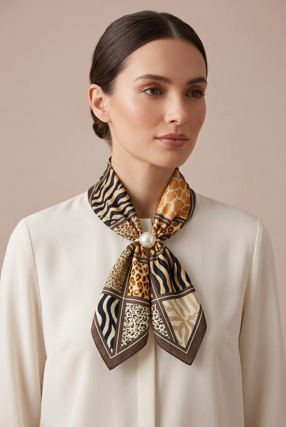 Silk Blend Scarf with Adjustable Pearl Clasp – Patchwork Animal Print