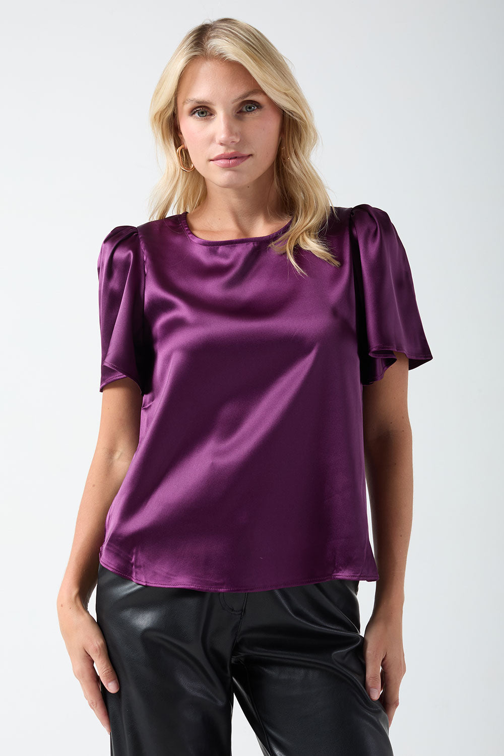 Round Neck Satin Top with Angel Sleeve