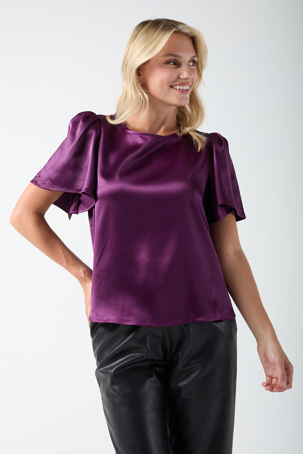 Round Neck Satin Top with Angel Sleeve