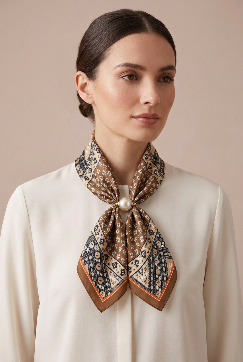 Silk Blend Scarf with Adjustable Pearl Clasp – Brown Floral