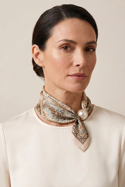 Beige Paisley Print scarf with pearl magnetic clasp.