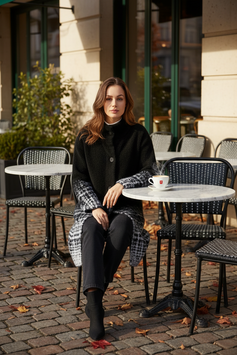 Feather Yarn Coat – Outdoor Coffee Shop Lifestyle