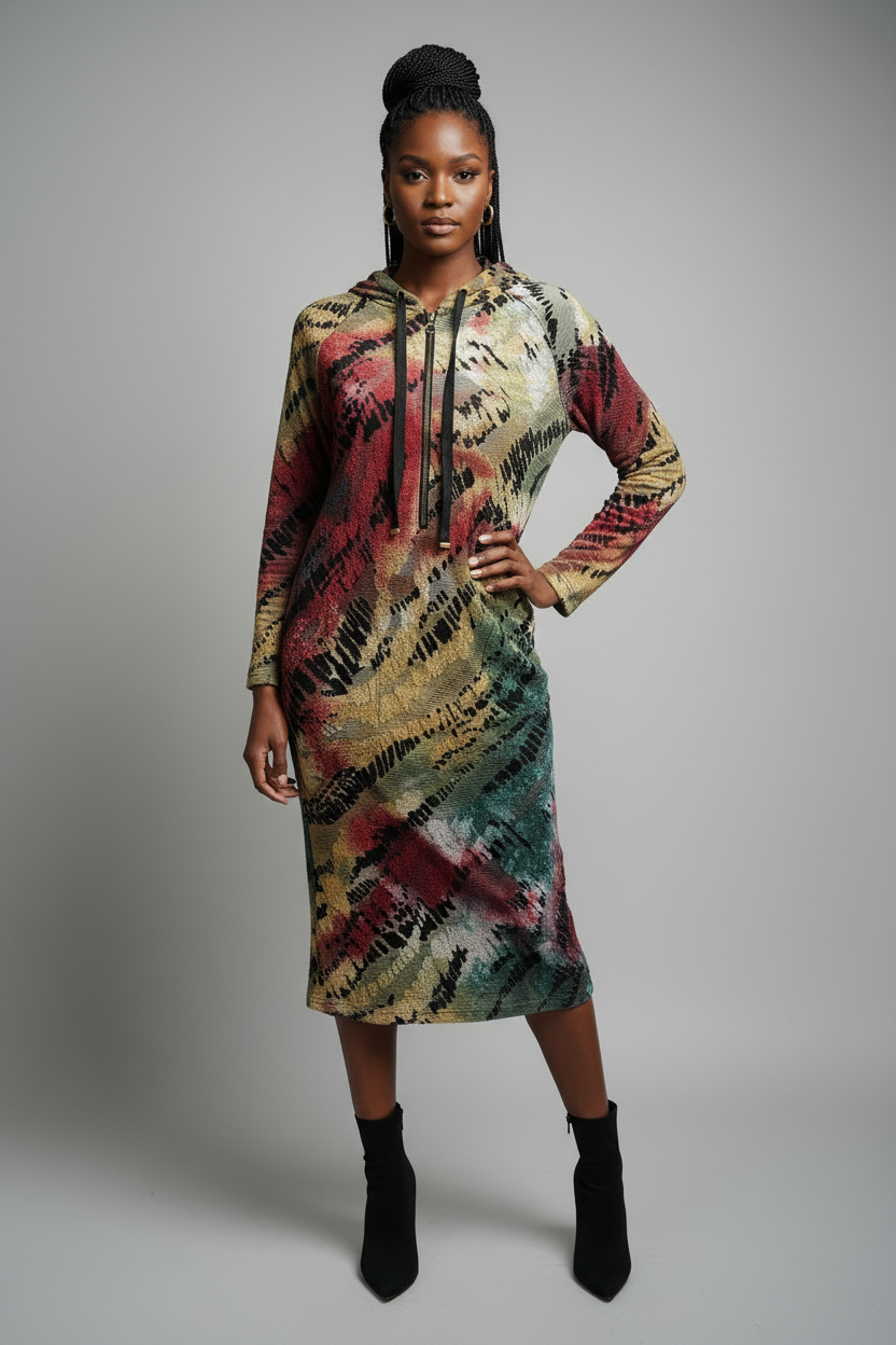 Full-length model shot showing dress length and pocket detail