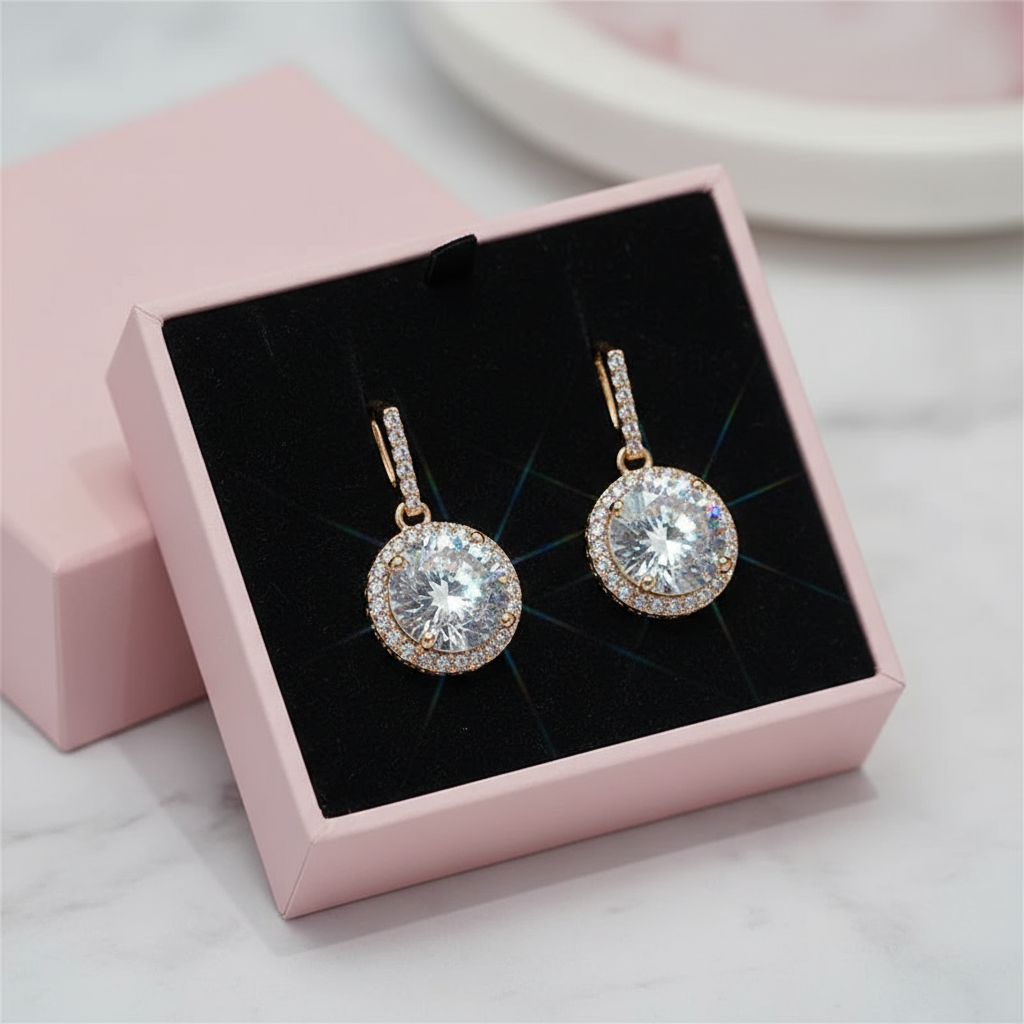 Gold crystal earrings in pink box