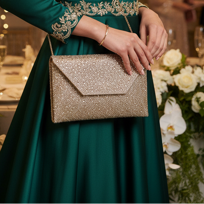 Gold Diamante Clutch with Chain Strap