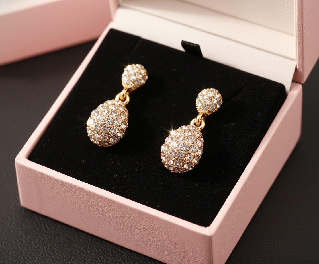 Gold earrings in pink velvet box