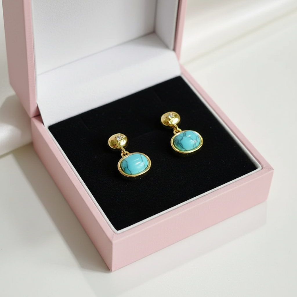 Gold &amp; Turquoise Earrings in Pink Gift Box