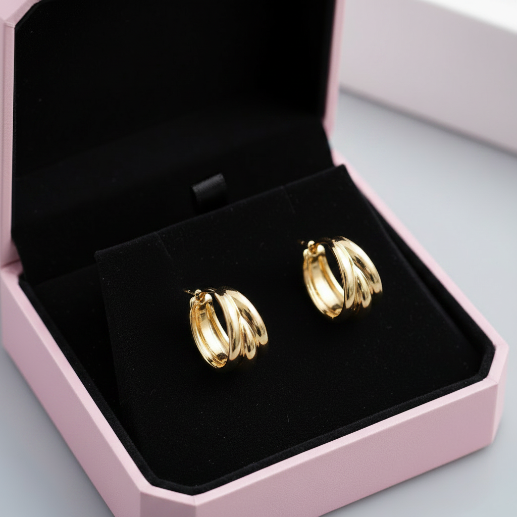 Gold Twisted Hoop Earrings in Square Pink Gift Box