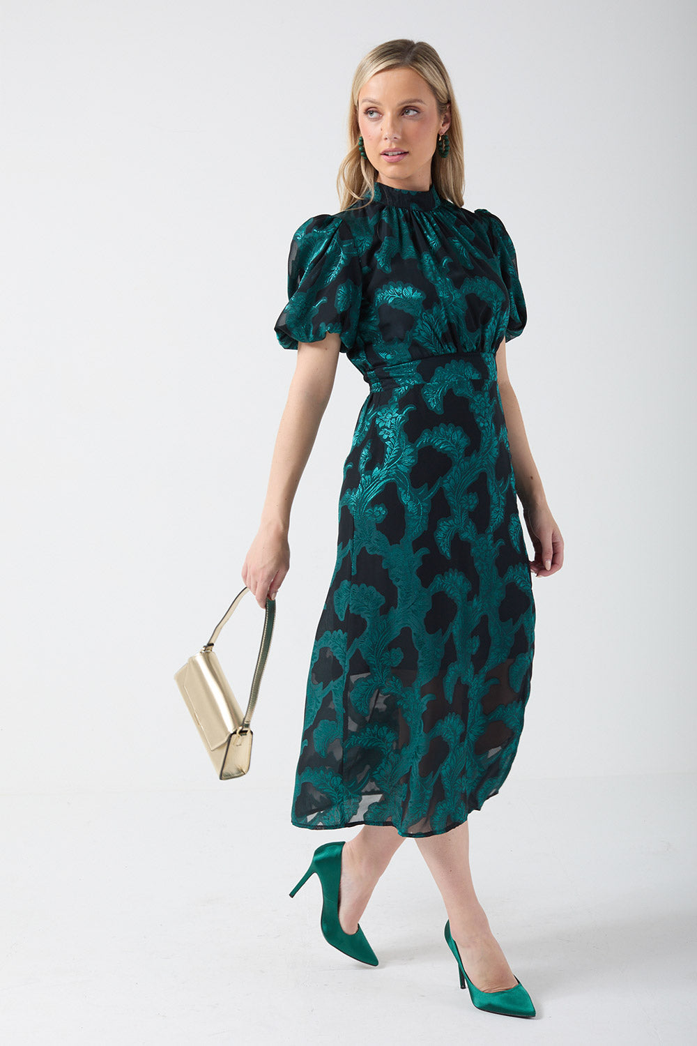 Gina Puff sleeve dress in Green Brocade