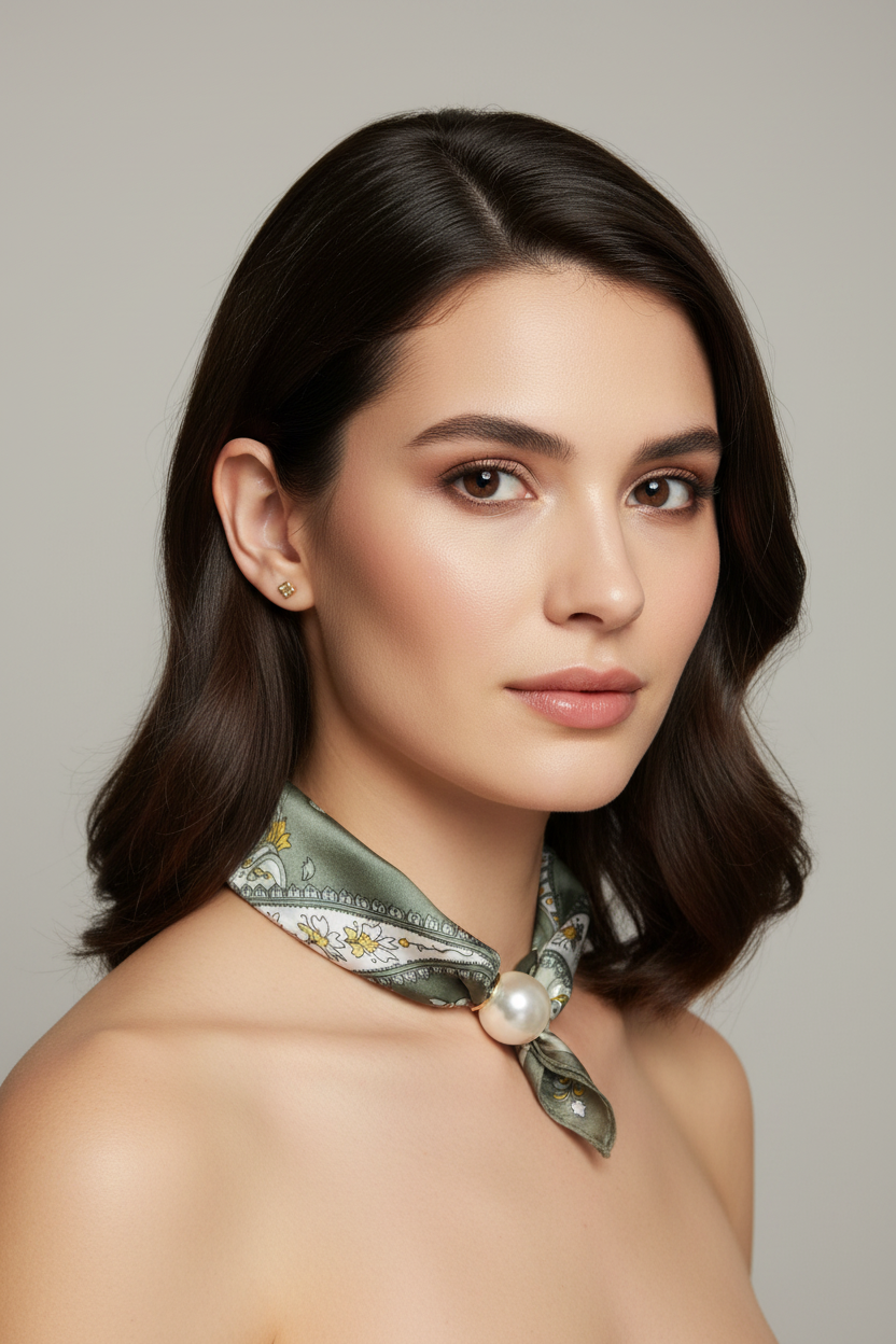 Green Floral Pearl Clasp Scarf Model