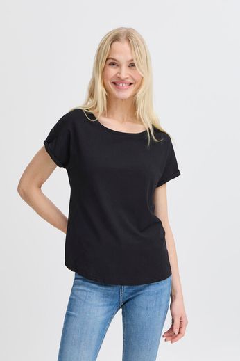 Fransa Round neck Cap sleeve basic Cotton Blend T Shirt in Navy 20804205