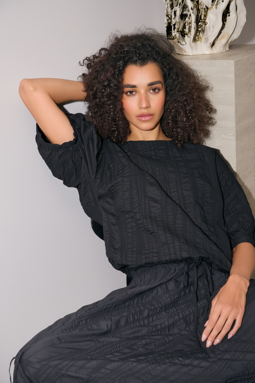 Noen Cotton ~Textured short sleeve top with Drawstring 83747