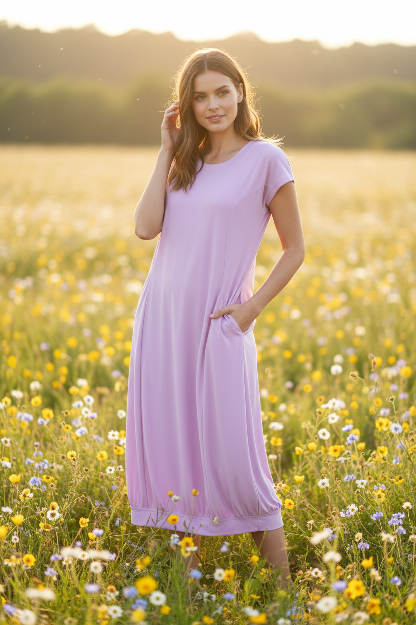 Noen Travel Fabric Round Neck Dress in Lavender or Black 88635