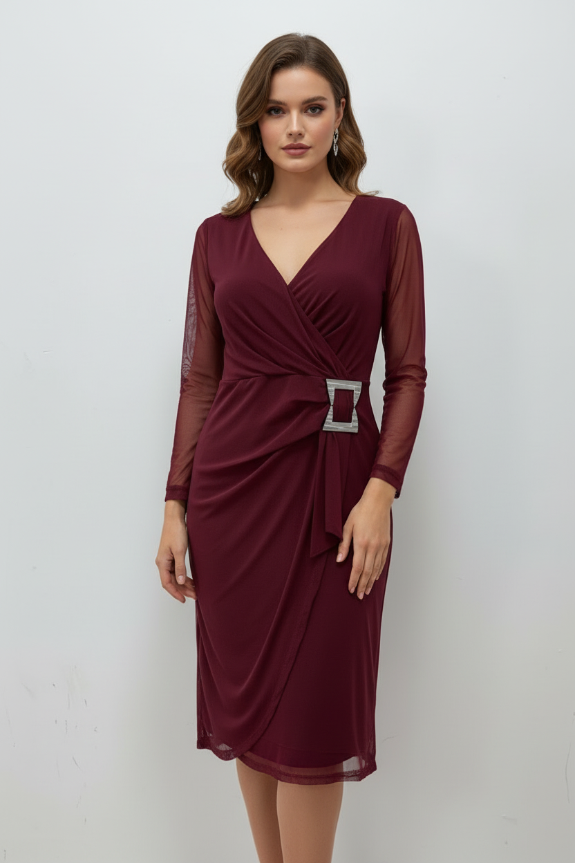 Yew Burgundy knee length faux wrap dress