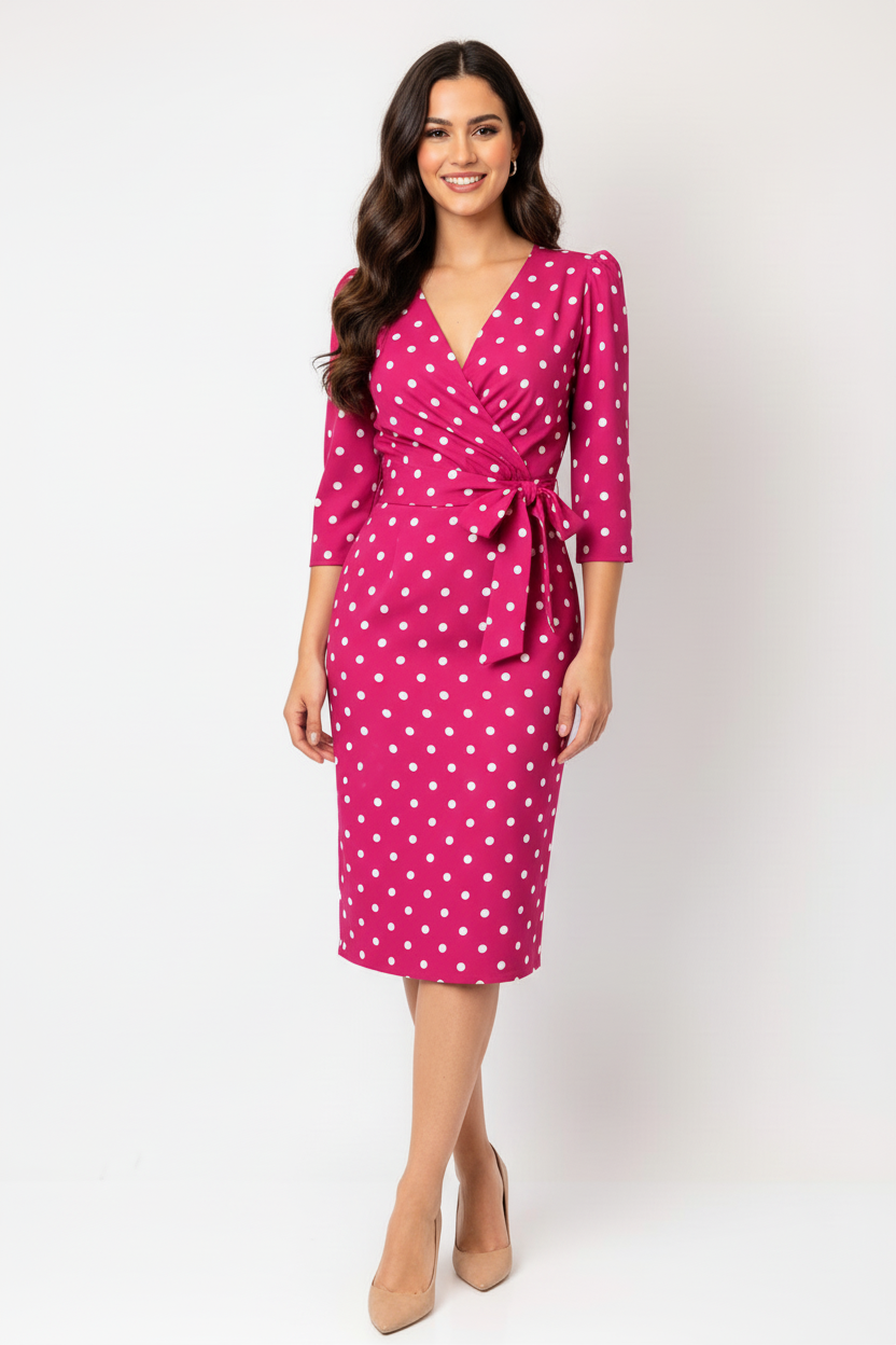 Polka Dot Midi Dress with Wrap Bodice - Wedding Guest Dress | Coco Doll DBiggins Polka Dot Midi Dress with Wrap Bodice - Wedding Guest Dress | Coco Doll DBiggins
