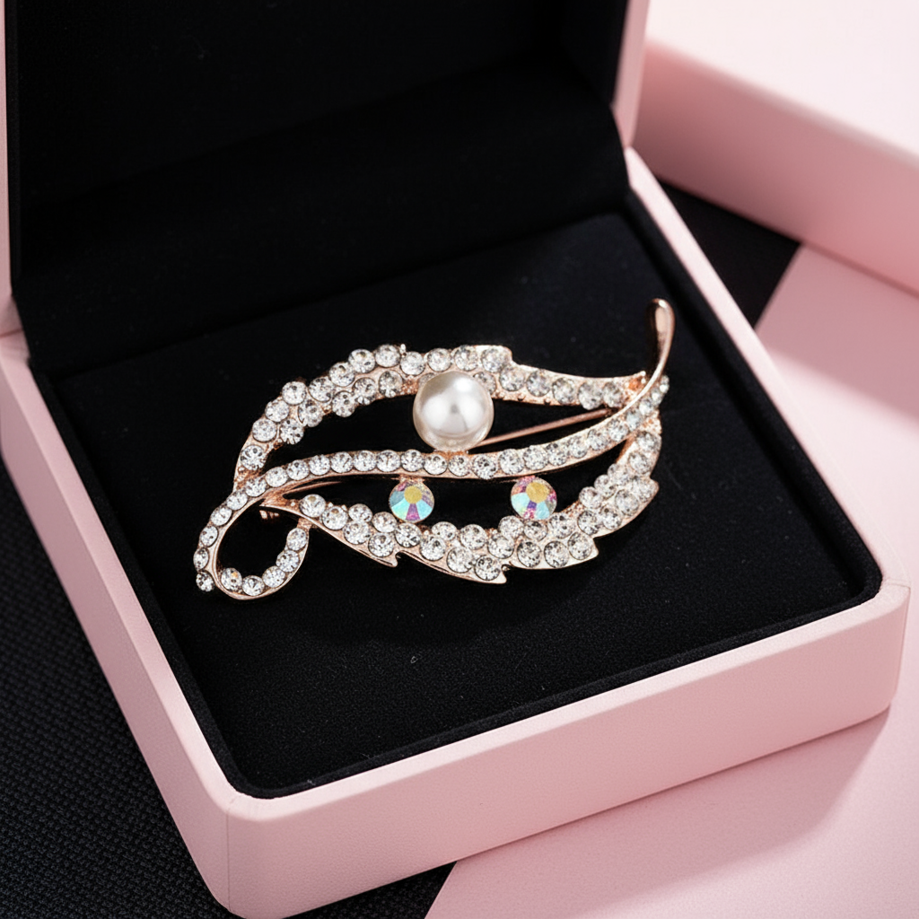 Boxed Brooch Diamante leaf with pearl