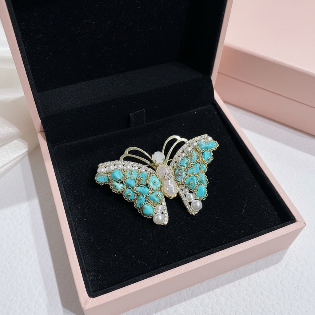 Boxed Mosaic Turquoise Butterfly Brooch
