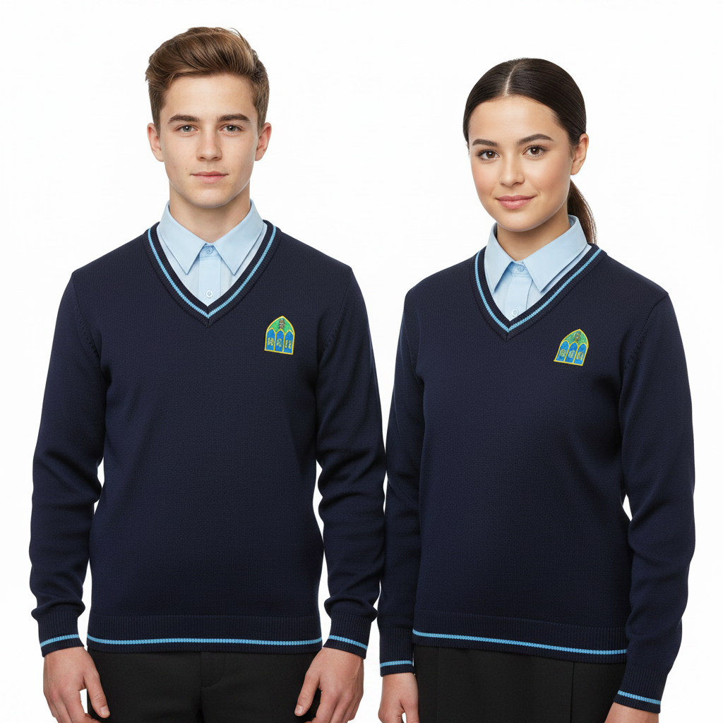 Male and female students wearing Presentation College Headford navy V-neck school jumper with pale blue shirt