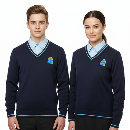 Male and female students wearing Presentation College Headford navy V-neck school jumper with pale blue shirt