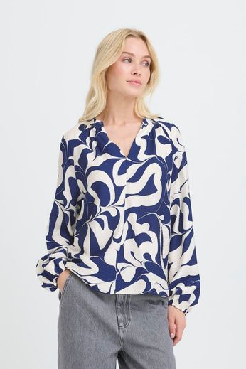 Byoung V neck long sleeve blouse in navy print 20818180