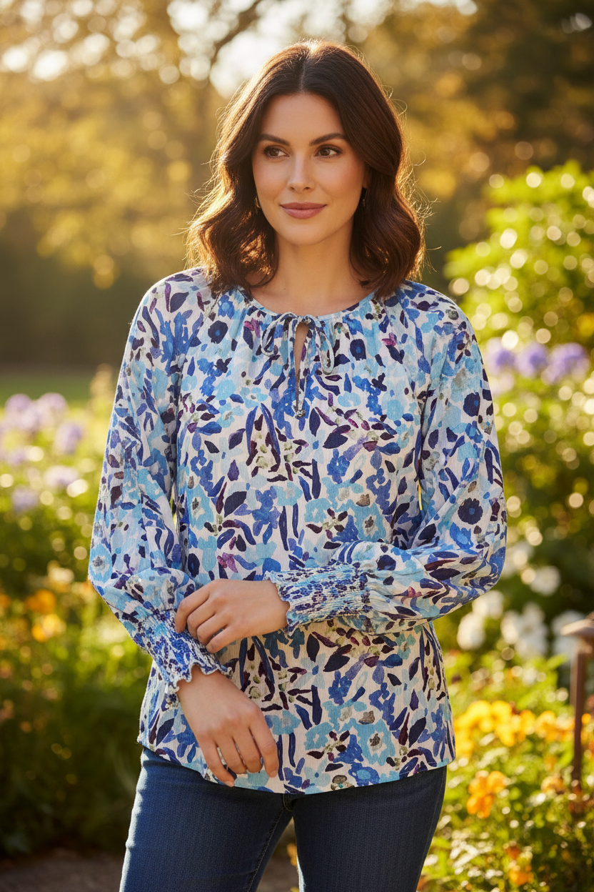 Marc Angelo Long Sleeve print blouse with tie neckline Ma821666 Blue