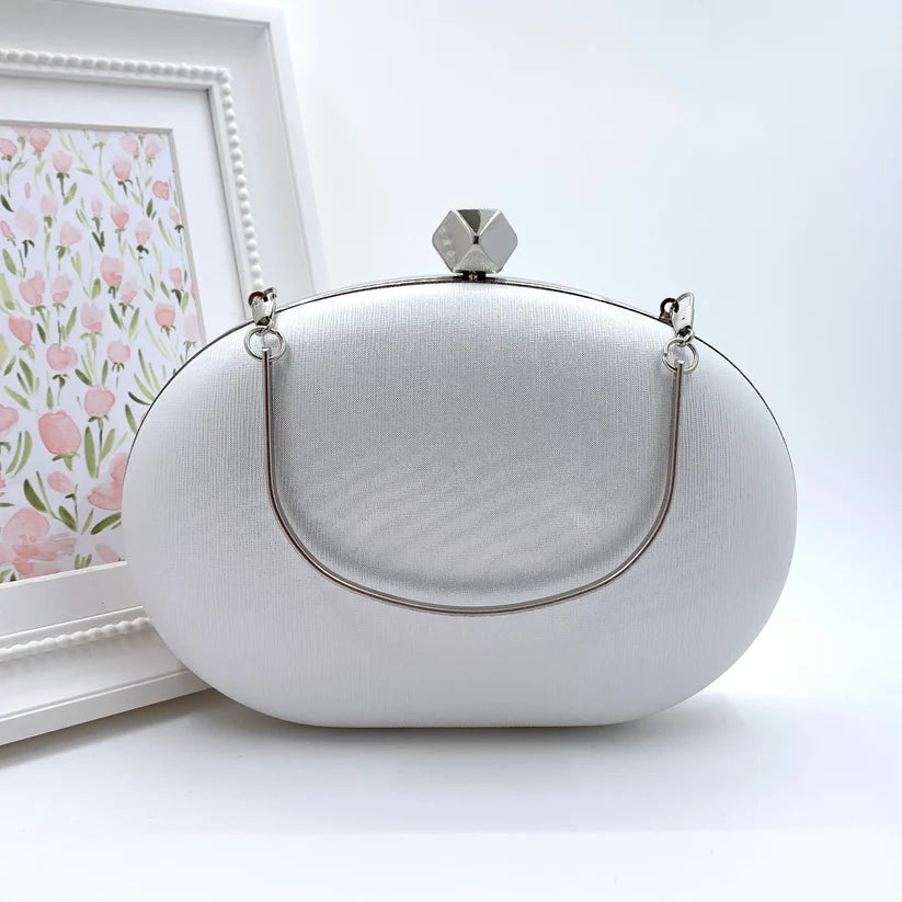 Oval hard case clutch bag with long or short strap