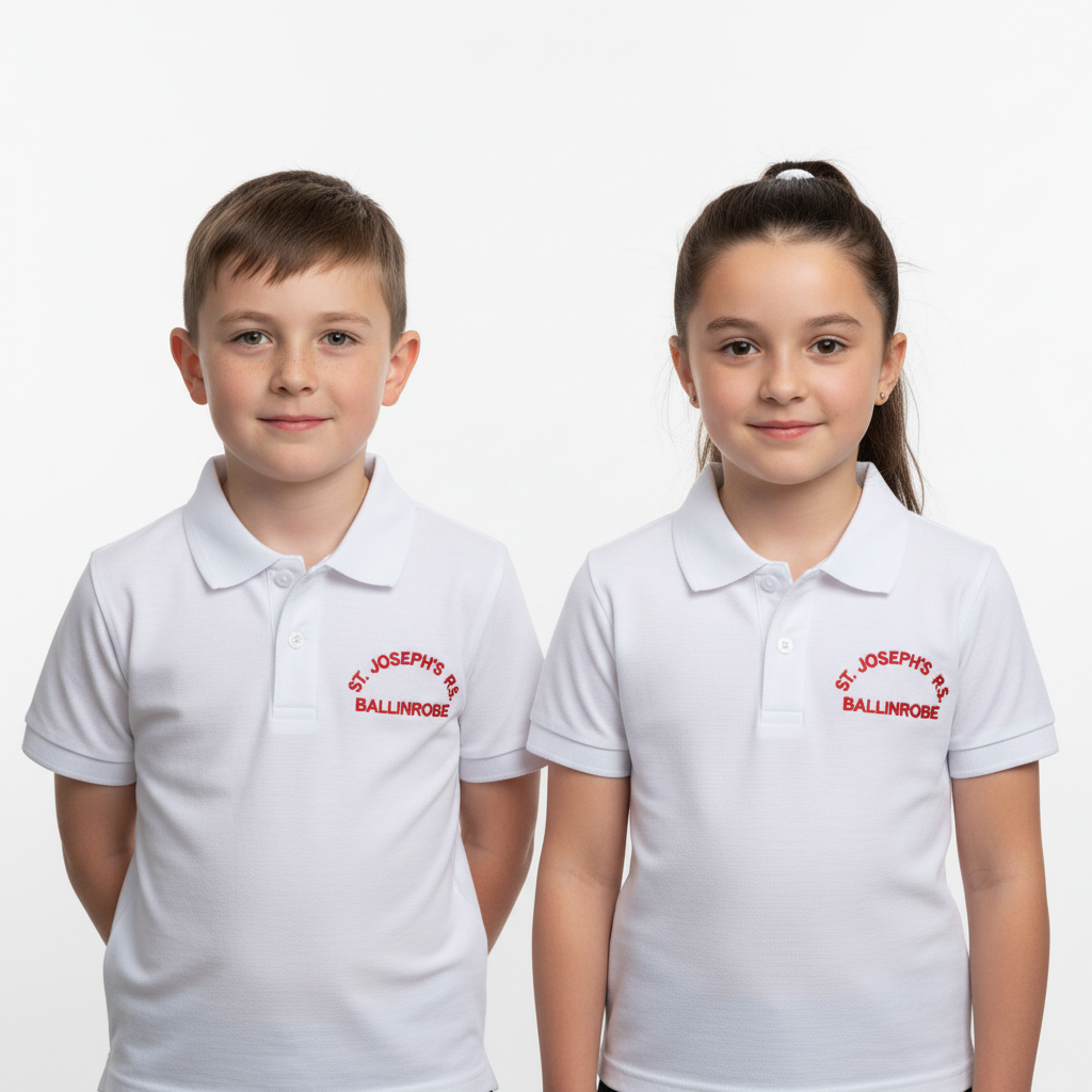 Young boy and girl wearing St Josephs Primary School Ballinrobe white crested polo shirt