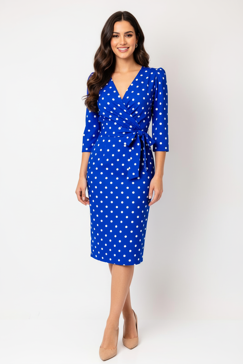 Coco Doll Terri Polka Dot Midi dress with Bow Detail in Pink or Royal Blue  Cd43