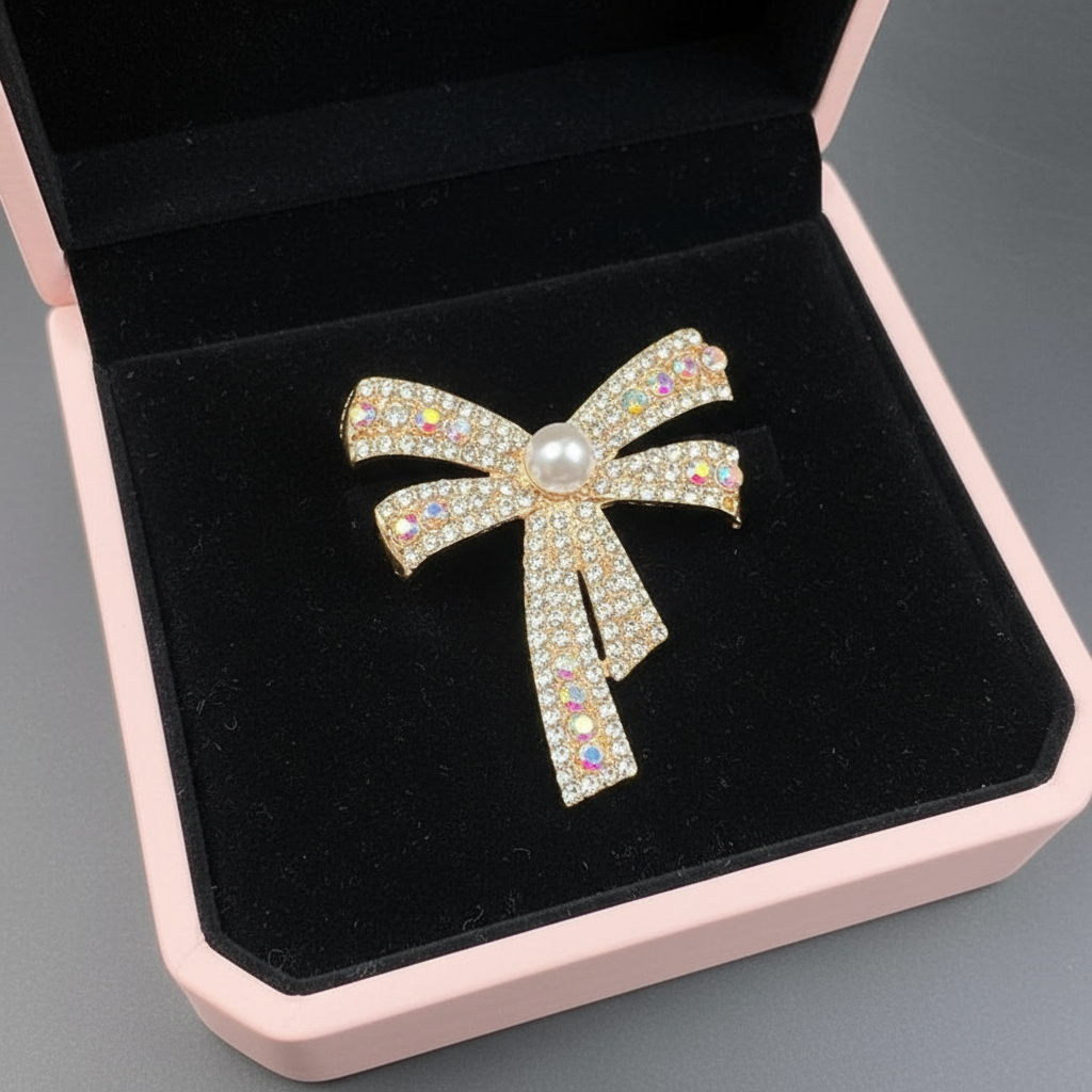 Boxed Diamante and Pearl Bow Brooch
