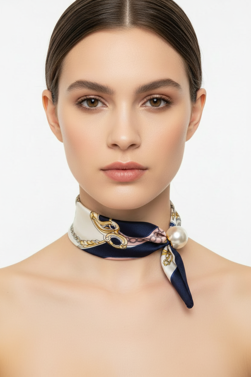 Navy and cream baroque print silk neck scarf with pearl clasp - single tail