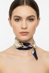 Navy and cream baroque print silk neck scarf with pearl clasp - single tail